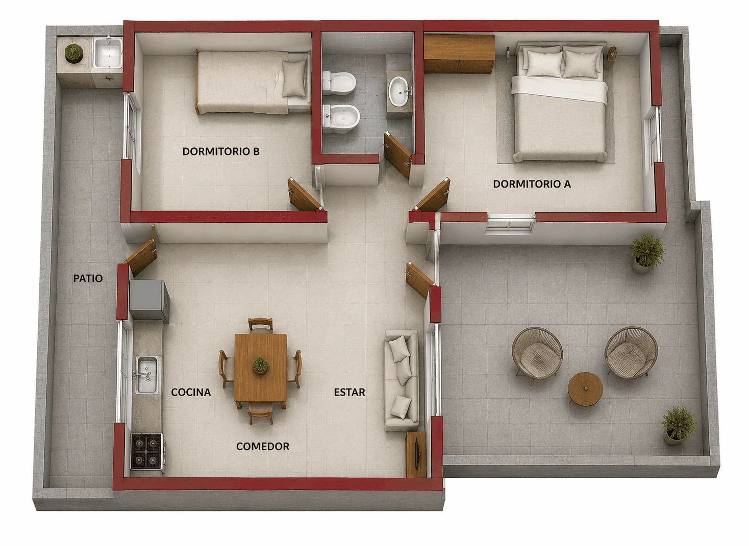 Plano 3D con distribución de ambientes — Casa Futura